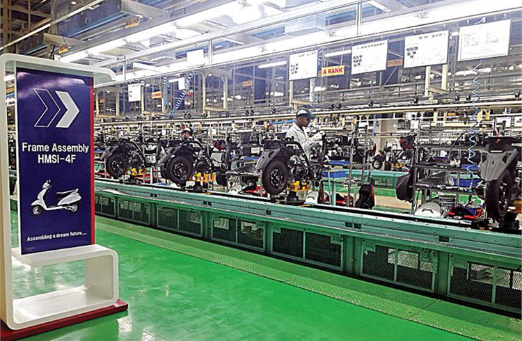 File picture of HMSI's scooter-only plant in Vithalapur, Gujarat. The company is upgrading its tooling and equipment for the transition to BS VI.