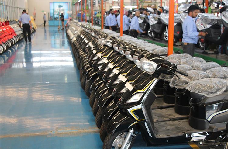 Production-ready scooters lined up at Hero Electric's plant in Ludhiana, Punjab.