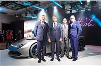 On March 4, 2019, Automobili Pininfarina revealed the GT Battista. L-R: Paolo Pininfarina, chairman, Pininfarina; Anand Mahindra, chairman, Mahindra Group; Dr Pawan Goenka, MD, M&M; & Michael Perschke