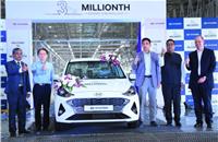 On January 30, 2020, Hyundai rolled out its three-millionth made-in-lndia car for export from its Chennai plant. The milestone car was a Hyundai Aura, badged as the Grand i10 as the compact sedan sells under that name in the Colombian market.