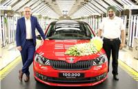 Skoda Auto India employees celebrating the production of 100,000th Rapid production.
