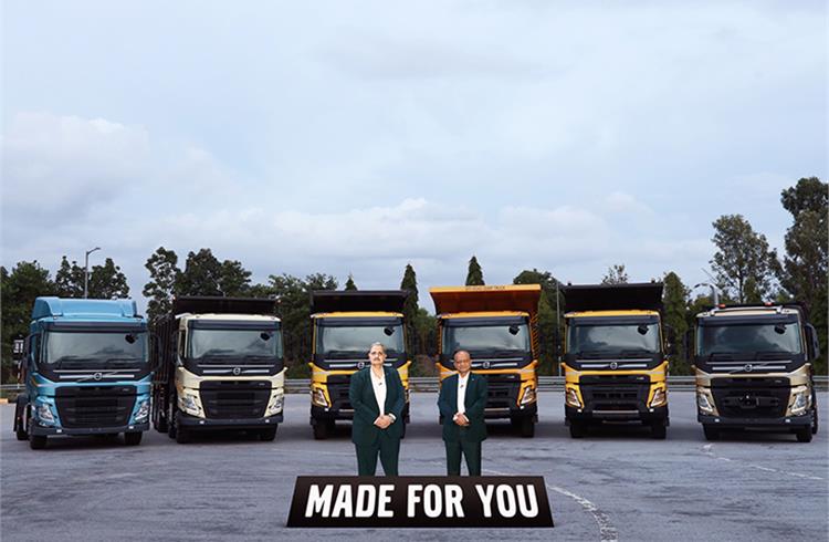 L-R: B Dinakar, Senior Vice-President of Volvo Trucks India and Vinod Aggarwal, MD and CEO, VE Commercial Vehicles, with the six new trucks. 