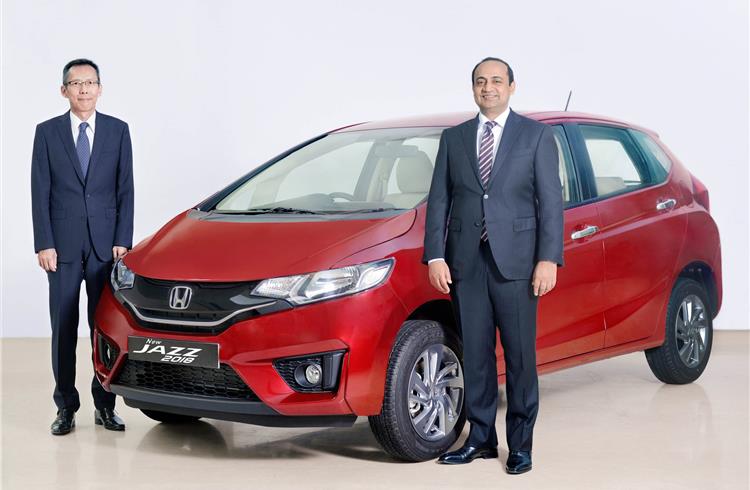 L-R: Gaku Nakanishi, president and CEO, Honda Cars India, and Rajesh Goel, senior vice-president and director, Sales & Marketing, Honda Cars India with the facelifted Jazz.