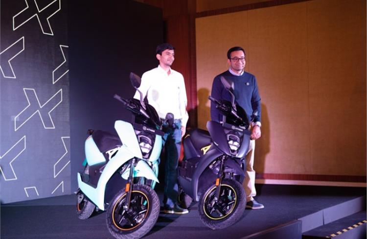 Tarun Mehta and Swapnil Jain, co founders of Ather Energy, with the new Ather 450X.