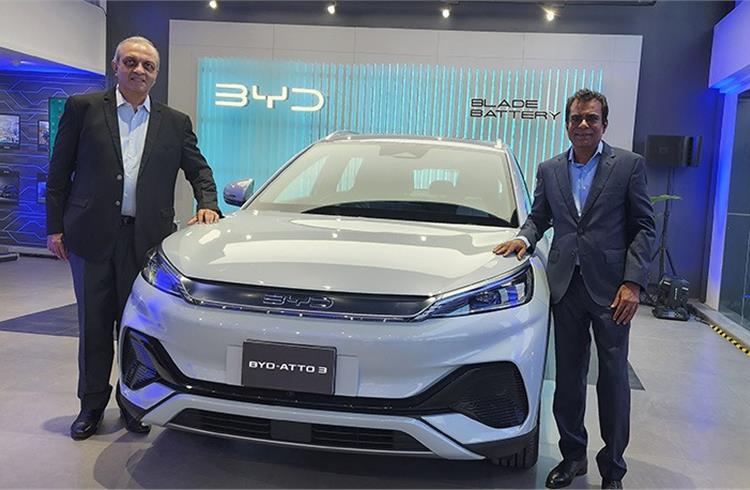 L-R: Sanjay Gopalakrishnan, Senior VP (Electric Passenger Vehicle Business), BYD India and U Venkatesh, Chairman, KUN Group at the opening of the KUN BYD showroom in Chennai on October 31.