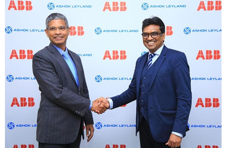 Dr N Saravanan, President & CTO, Ashok Leyland and N Venu, MD, ABB Power Products and Systems India at the MoU signing for developing a pilot electric bus