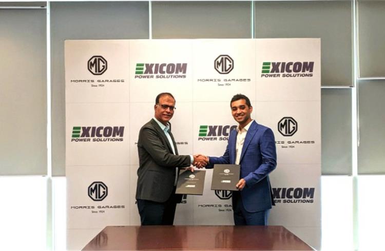 L-R: Rajeev Chaba, MD MG Motor India and Anant Nahata, MD, Exicom Tele-Systems announcing the partnership for MG ZS EV second-life use of EVs.