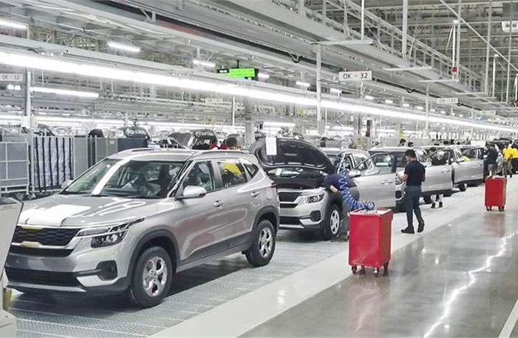 File photo of the Seltos line at the Anantapur plant. The Seltos, with 106,002 units till August 2022, tops Kia India's exports.