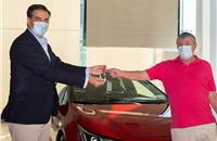 President and CEO of Toyota Spain, Miguel Carsi (left) handed over the new Corolla hybrid GR Sport to Nicolas Jimenez at the Toyota Retailer Comauto Sur in Madrid.