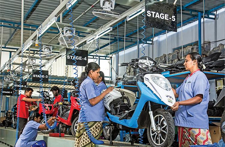 The Ampere Vehicles electric scooter assembly line at the Coimbatore plant. Forty percent of the assembly line personnel are women.  