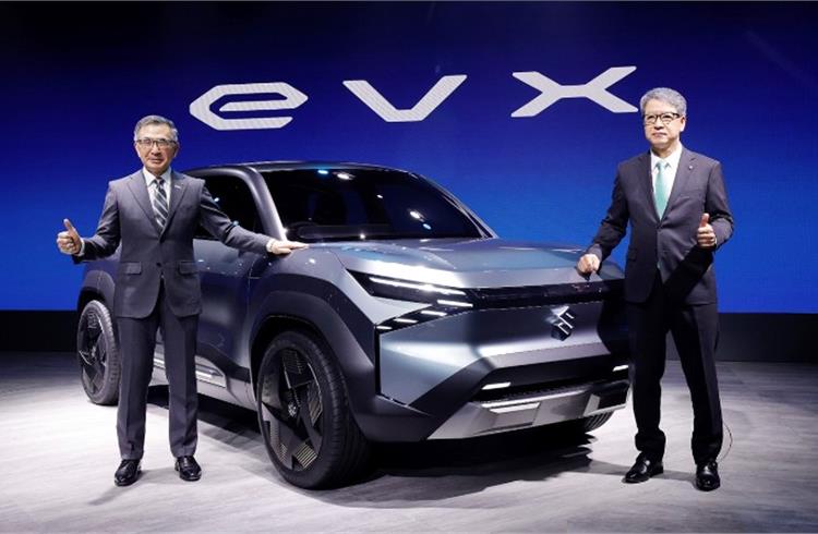 L-R: Toshihiro Suzuki, Representative Director and President, Suzuki Motor Corp, Japan and Hisashi Takeuchi, MD and CEO, Maruti Suzuki India with the Concept eVX, Suzuki's first Global Strategic EV, at Auto Expo 2023