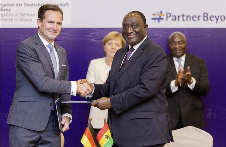 Thomas Schaefer, head of Sub-Saharan Region and MD, Volkswagen Group South Africa; Angela Merkel, Chancellor of Germany; Mahamudu Bawumia, VP of the Republic of Ghana, and Alan Kyerenmaten,  Minister 