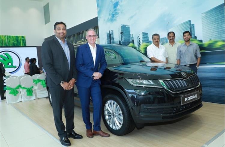 L-R: Sabu Johny, Dealer Principal, EVM Motors and Vehicles with Zac Hollis, brand director, Skoda Auto India at the newly inaugurated dealership facility in Ernakulam, Kerala.