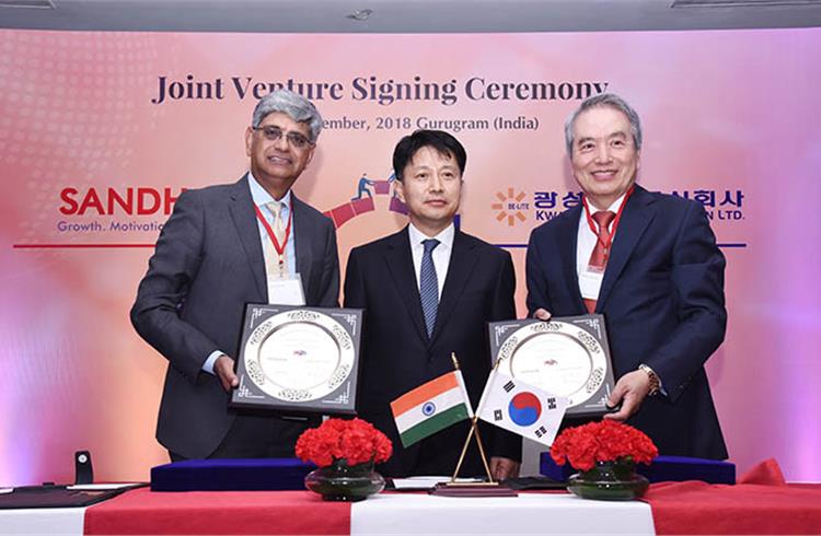 L-R: Jayant Davar, co-chairman & MD, Sandhar Technologies; Hai Kwang Lee, Minister, Embassy of Republic of Korea in India; Philho Sung, founder and chairman of Kwangsung Corporation.