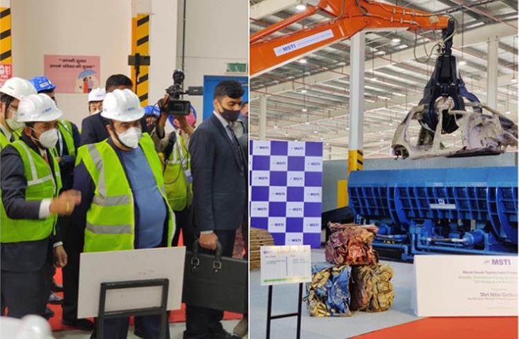 Transport Minister Nitin Gadkari visiting Maruti Suzuki Toyotsu India's end-of-life vehicle recycling plant in Noida today.