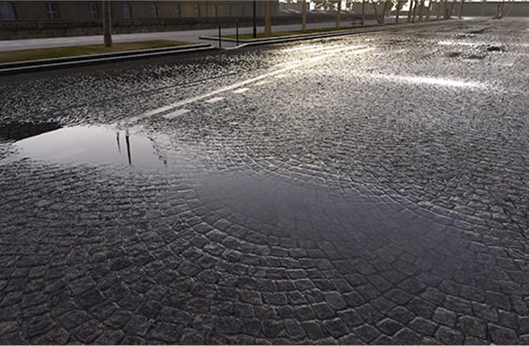 Highly accurate digital model of a wet road, including puddles and lighting.