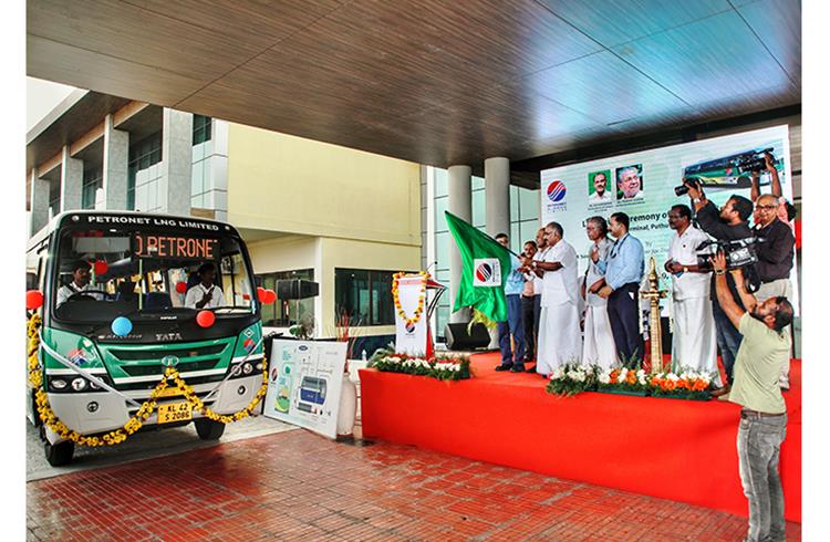Kerala's Minister of Transport, AK Saseendran at the inauguration ceremony of India's first LNG bus - Tata Starbus LNG