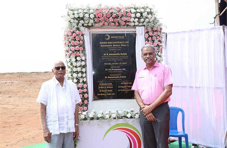 Amara Raja Group chairman Ramachandra N Galla, and Vijayanand S, CEO, Amara Raja Batteries at the foundation stone laying ceremony.