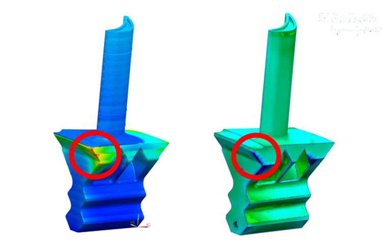Simcenter 3D AM Process Simulation tool shows how the predicted distortion on the left is confirmed by the comparison of the real-world part to the original CAD data on the right.