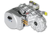 Representational image of an electric drive unit that integrates a YASA e-motor and controller together with an FEV-designed 2-speed gearbox, clutch and electric actuators in one compact package.