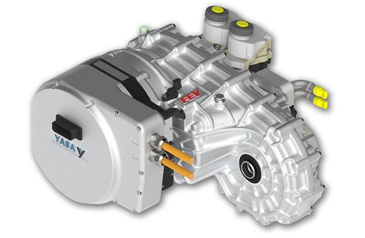 Representational image of an electric drive unit that integrates a YASA e-motor and controller together with an FEV-designed 2-speed gearbox, clutch and electric actuators in one compact package.