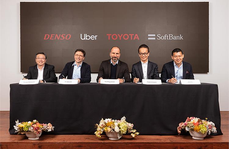 L-R: Hiroyuki Wakabayashi, EVP, Denso; Eric Meyhofer, Head of Uber ATG; Dara Khosrowshahi, CEO of Uber Technologies; Shigeki Tomoyama, Toyota EVP; Ervin Tu, managing partner of Softbank Vision Fund