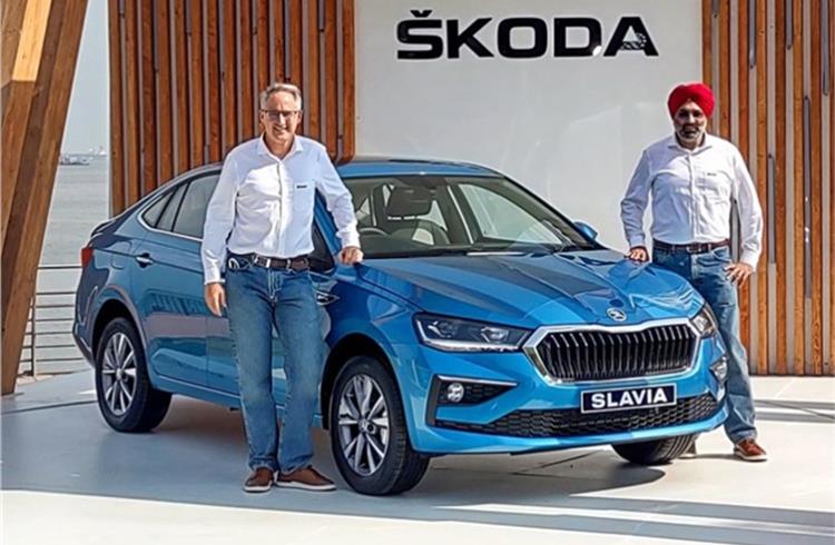Zac Hollis, Brand Director, Skoda Auto India and Gurpratap Boparai, Managing Director of Skoda Auto Volkswagen India, with the new Slavia