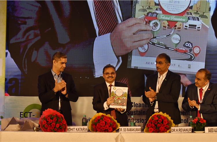 L-R: Rohit Kataria, president, ECMA; Dr SSV Ramakumar, director (R&D), Indian Oil; Dr H Revanur, vice-president, ECMA and Saeed Alerasool, vice-president, BASF Corp, release the technical presentations for ECT 2019.