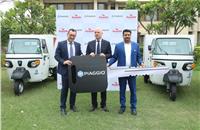 L-R: Diego Graffi. MD and CEO Piaggio India handing over keys of special purpose vehicles to Mr. Dixit, CMD, Ananda Diary. Also seen Alessandro De Masi (Centre) from the Embassy of Italy in India.