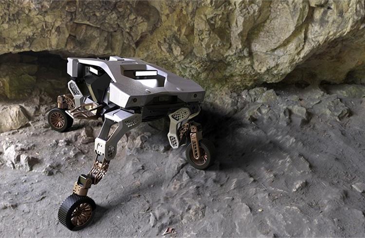 TIGER concept inside a cave. Based on a modular platform architecture, its features include a sophisticated leg and wheel locomotion system, 360-degree directional control, and a range of sensors for remote observation