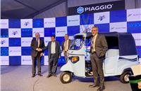 Piaggio Ape' Electrik. L-R: Vincenzo de Luca, Ambassador of Italy to India; Transport Minister Nitin Gadkari, Piaggio Vehicles' MD Diego Graffi, and Sun Mobility's Chetan Maini at the EV launch.