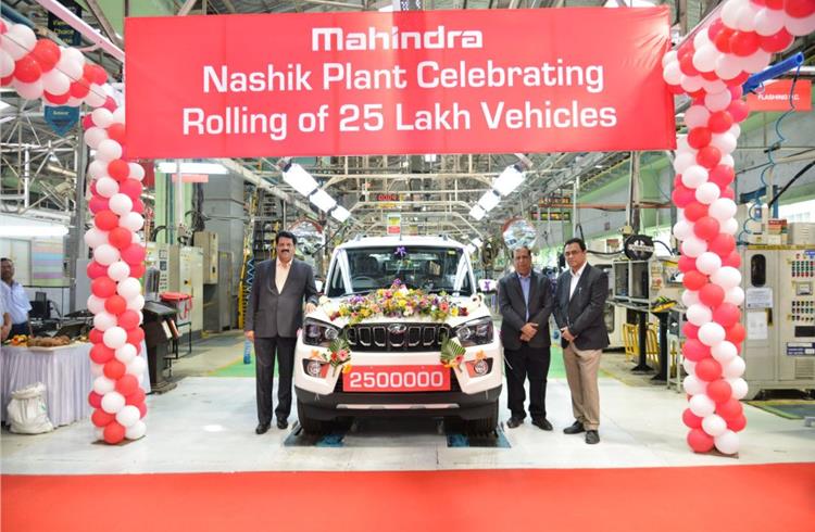 The Scorpio SUV becomes the 25th lakh vehicle to roll out from Mahindra's Nashik plant.