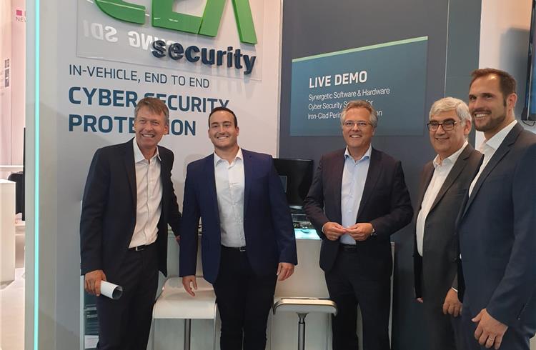 L-R: Lars Reger, NXP CTO; Nathaniel Meron, Chief Product & Marketing Officer; Kurt Seivers, NXP President; Michael Dick, C2A Security founder & CEO; George Olma, NXP Global Biz Development Manager.