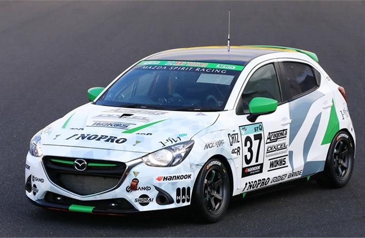 Mazda race car, powered by a conventional Skyactiv-D 1.5 diesel gine that runs on 100% bio-based fuel made from used cooking oil and microalgae fats, is part of the Super Taikyu Race at the Okayama International Circuit on November 13 and 14.