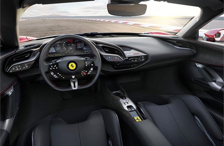 An HUD features for the first time. Ferrari claims 80% of the car’s functions can be controlled from the new steering wheel, citing that “eyes on the road, hands on the wheel” was a key safety driver.