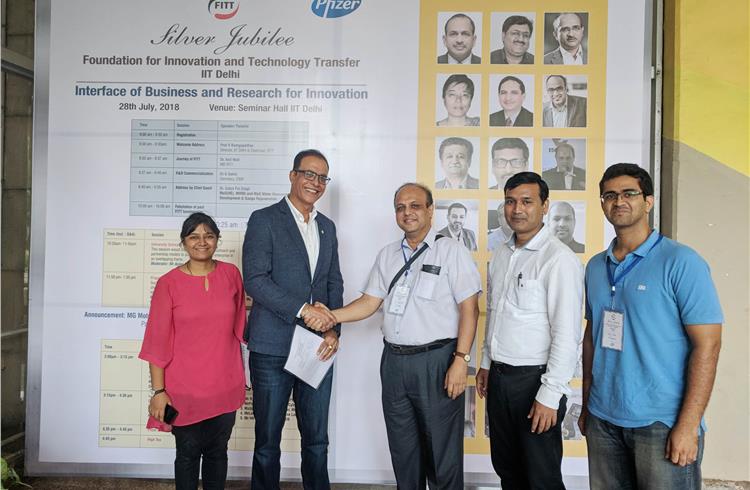  Rajeev Chaba, president and MD, MG Motor India (second from left), and the IIT Delhi project team led by Professor S Kar, launching the project that will work on developing an app with new safety fea