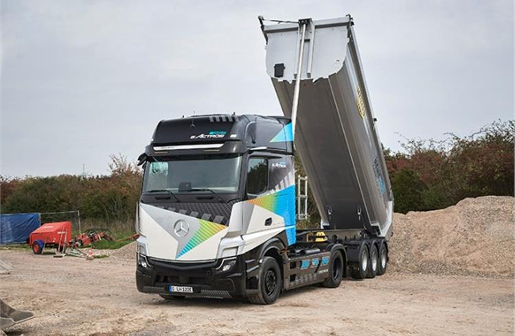 Mercedes-Benz eActros LongHaul equipped with electric power take-off for semi-trailers such as tippers suitable for road-oriented construction site applications