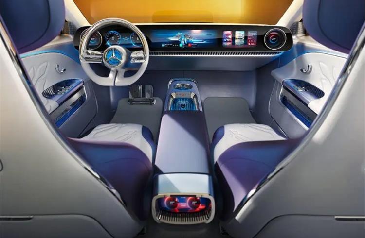 Inside, the Concept CLA Class adopts a full-width MBUX Superscreen similar to that used by the Vision EQXX. 