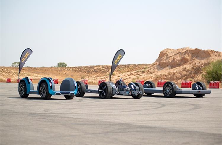 P1, P2 and P4 EV platforms on a desert track. They use the REEcorner module which utilises full X-by-Wire tech for steering, braking and drive all in the arch of the wheel, enabling fully-flat chassis