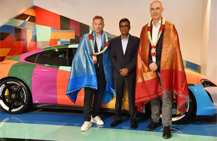 L-R: Manolito Vujicic, Brand Director, Porsche India: U Venkatesh, Dealer Principal, Porsche Centre Chennai; Dr. Manfred Bräunl, CEO, PME at the opening of the new Porsche showroom in Chennai.