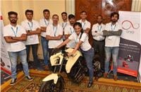 Orxa Energies' founders Ranjita Ravi (on the Mantis), Prajwal Sabnis and Amrudesh Santhanam along with the team that developed the Mantis electric motorcycle.