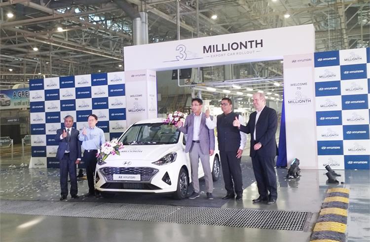 The three-million export model rollout comes 20 years after Hyundai Motor India began shipping cars overseas. 