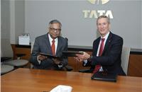 N Chandrasekaran, Chairman, Tata Sons and Tom Linebarger at the MoU signing ceremony at Tata Sons’ HQ, Bombay House, in Mumbai.
