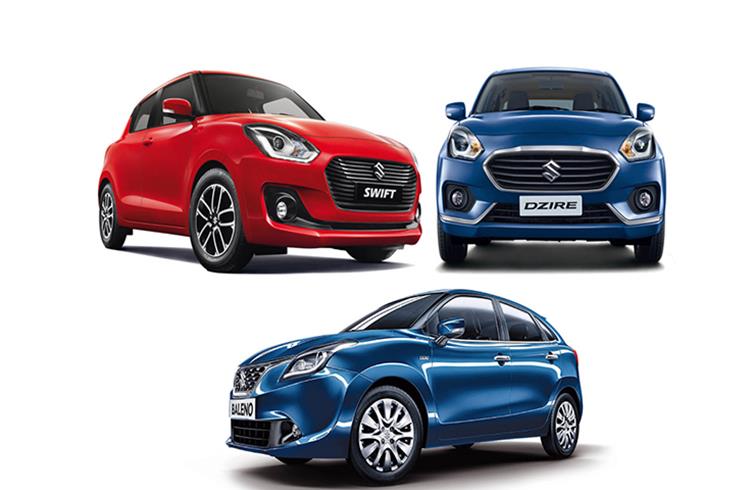 The high-selling trio of the Swift, Dzire and Baleno helped overall compact car sales grow 17.8 percent to 74,373 units. 