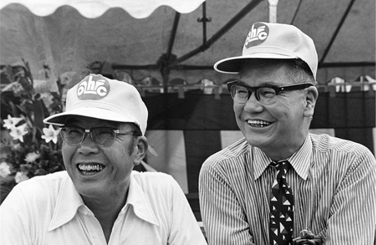 1973: Soichiro Honda (left) and Takeo Fujisawa (right), shortly after announcing their retirements as president and executive president, respectively. They led Honda from a start-up motorcycle company into a global enterprise focused on multiple forms of mobility.