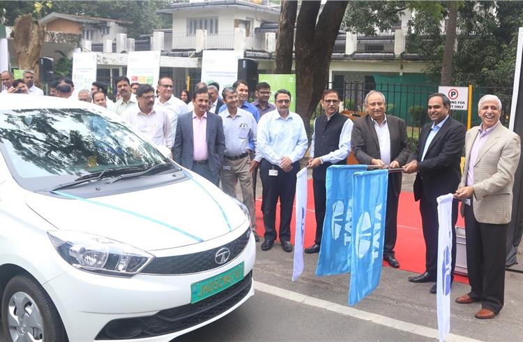 Senior management of Tata Steel along with Shailesh Chandra, president – Electric Mobility Business and Corporate Strategy, Tata Motors, flag-off the Tata Tigor EVs at Jamshedpur.