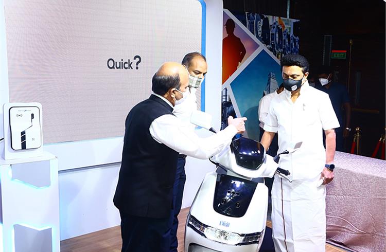 Chief Minister of Tamil Nadu MK Stalin and Industry Minister of the State, Thangam Thennarasu visited the TVS iQube Electric pavilion at the Investment Conclave - 2021, in Chennai.