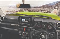 The Jimny dashboard has an all-black theme with a high-mounted 9.0-inch touchscreen taking centrestage.