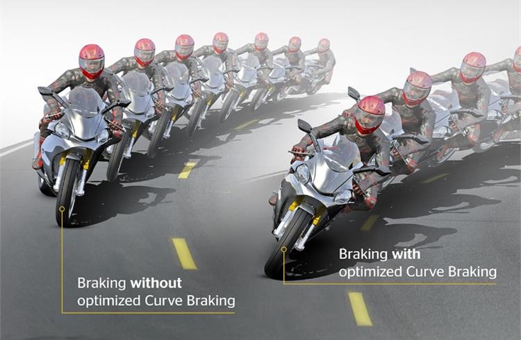 ABS with optimised curve braking controls the brakes even more sensitively to prevent the machine from pitching up in the curve and thus losing control. The prerequisite for such comprehensive safety functions are sensors, which were previously installed on the motorcycle as a separate unit.