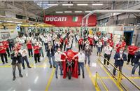 The Ducati Multistrada V4 development team with the first production-ready motorcycle equipped with front and rear radar technology.